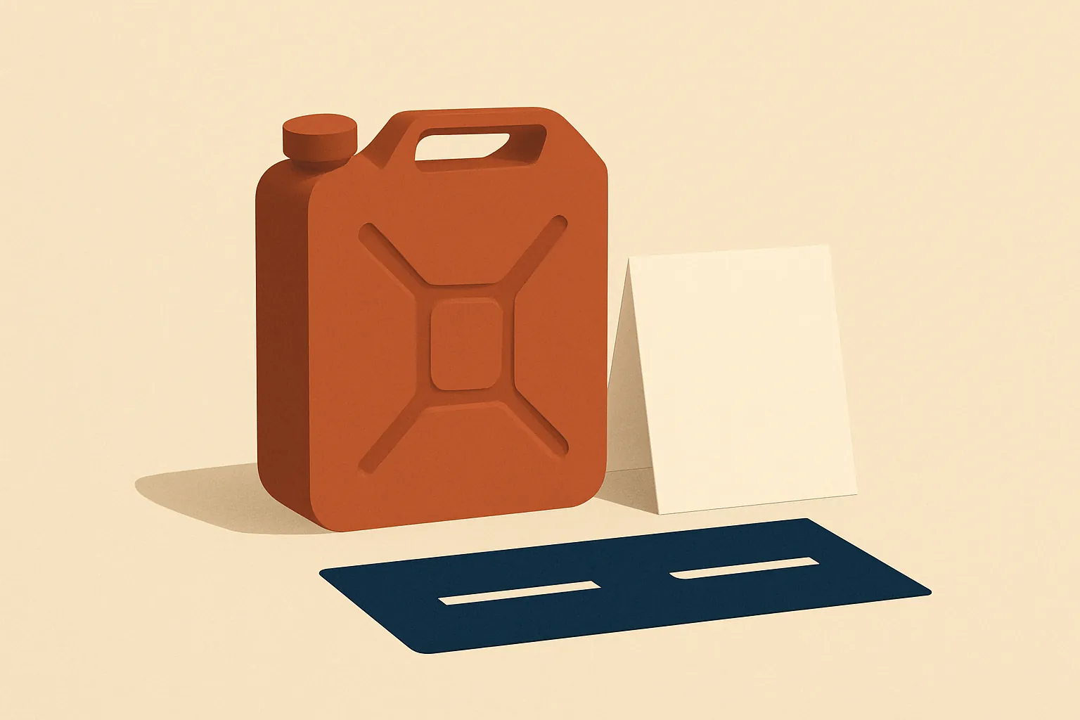 A clay fuel can, a blank ledger card, and a navy road band on warm paper